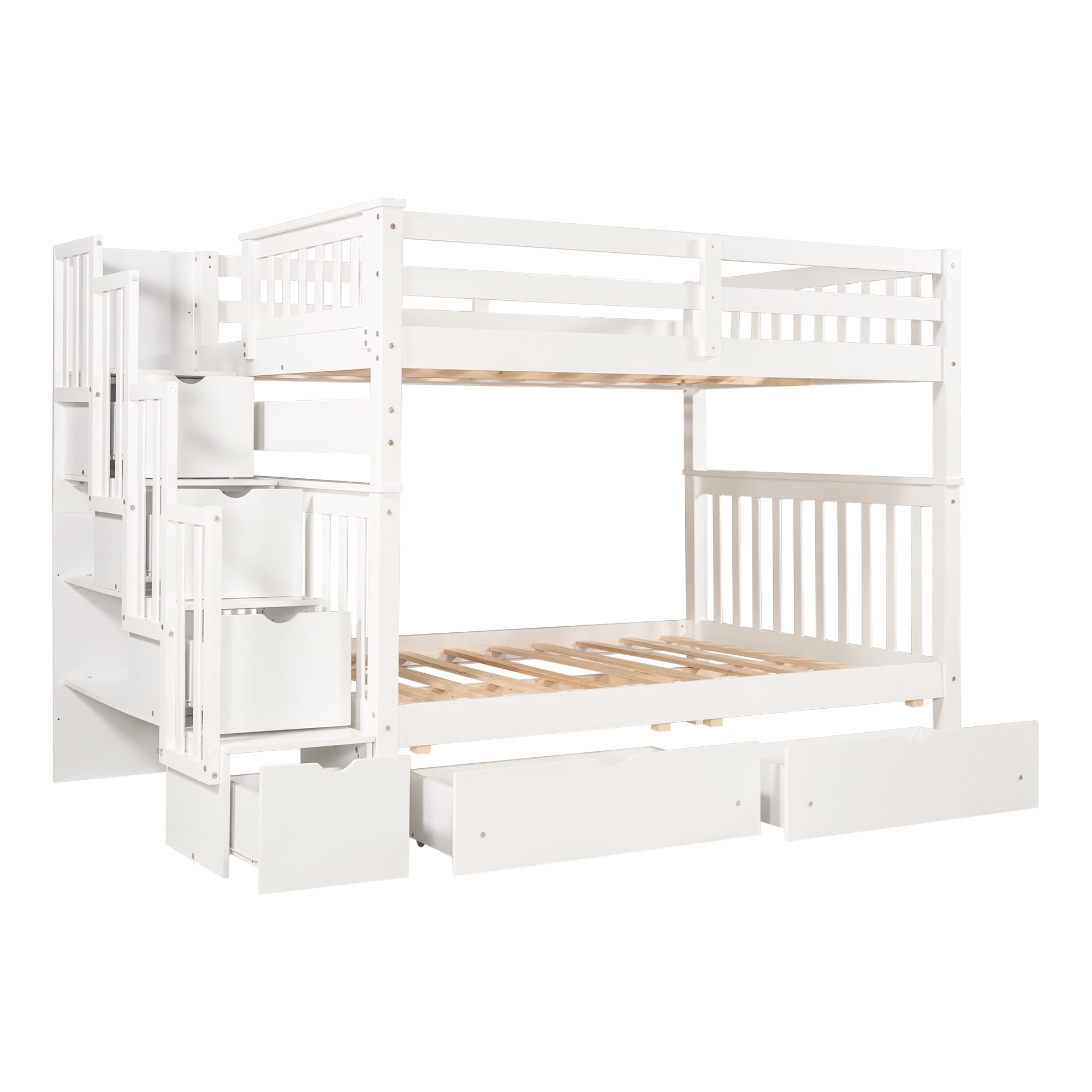Kepooman Full Over Full Modern Wooden Bunk Bed with Shelves & 6 Storage Drawers, 96.8" * 56.7" * 67", White Kepooman Full Over Full Modern Wooden Bunk Bed with Shelves & 6 Storage Drawers, 96.8" * 56.7" * 67", White