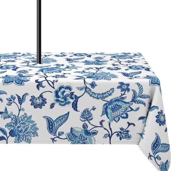 Outdoor Tablecloth with Umbrella Hole 60x84In,Boho Blue Floral Outdoor Zipper Table Cloth,Waterproof and Wrinkle Resistant Washable Rectangular Tablecloths for Picnic,Party,Camping and BBQ