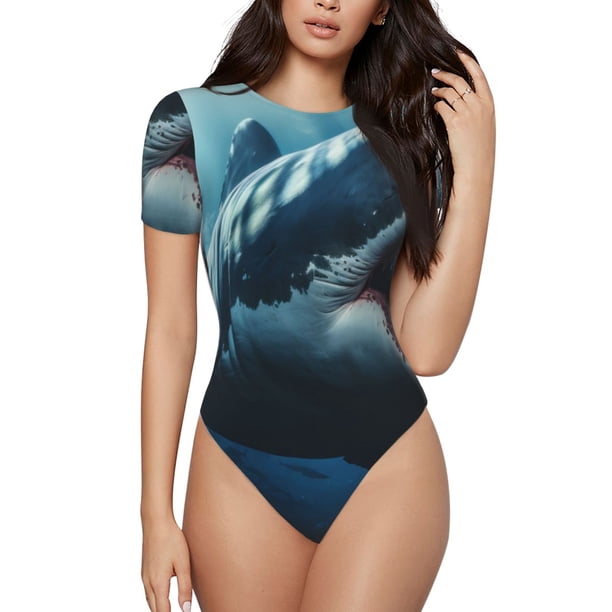 Balery 3D Realistic Shark Body de cuello redondo de manga corta para mujer Tops de manga corta Tops básicos-Large