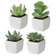MyGift 4.1" Assorted Green Artificial Ceramic Palm, White, 4-Pieces