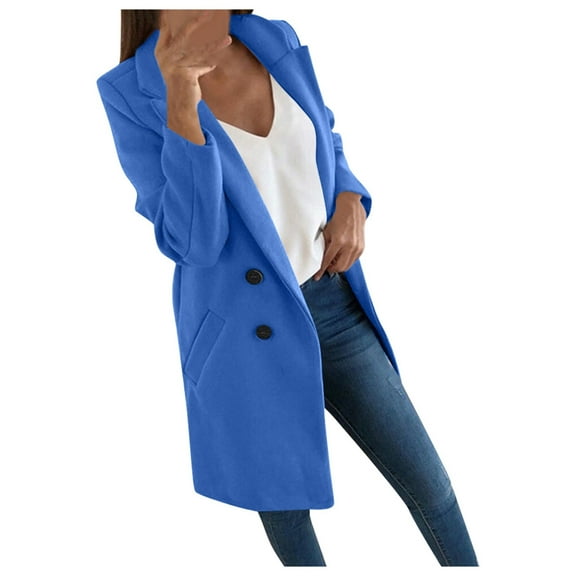 Goindgs Women's Winter Coat Jacket Suit Long Warm Solid Color Buttons Collar Slim Fit Windbreaker Fall Outerwear Long Coat Blue-L