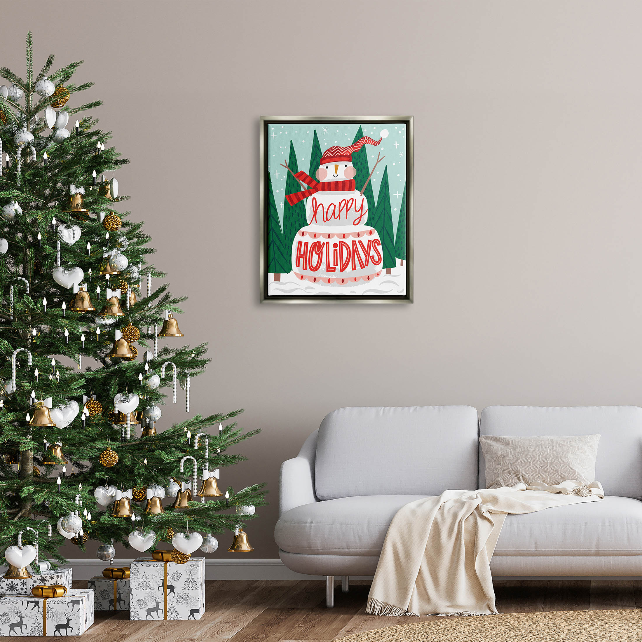 Happy Holidays Happy Snowman Holiday Graphic Art Luster Gray Framed Art Print Wall Art