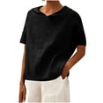 thumbnail image 3 of Dazajoo Cotton Linen V Neck Shirts Women Summer Oversized Solid Blouses 2025 Casual Short Sleeve Tees,Black,XXXL, 3 of 7