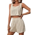 thumbnail image 2 of Womens 2 Piece Outfits Lounge Matching Sets Two Piece Linen Shorts Crop Tops Trendy Clothes Summer Vacation Set Khaki L, 2 of 7