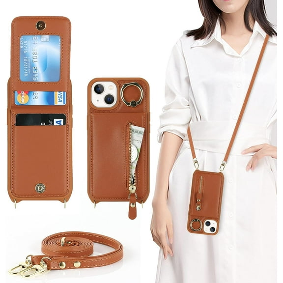 iPhone 13 Mini Case for Women with Card Holder, iPhone 13 Mini Phone Case Wallet with Strap,Crossbody Lanyard Cases with Credit Card Slots Kickstand with Ring Holder Stand Case,5.4 Inch,Brown