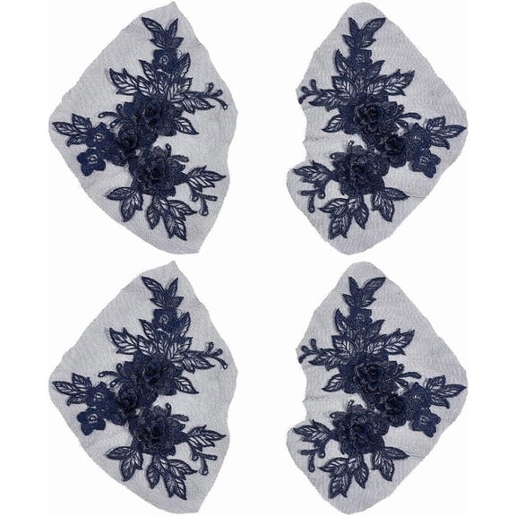 2 Pairs 4Pcs Midnight Blue Floral Embroidered Lace Appliques Sew On Vintage 3D Embroidery Flower Patches Polyester Applique