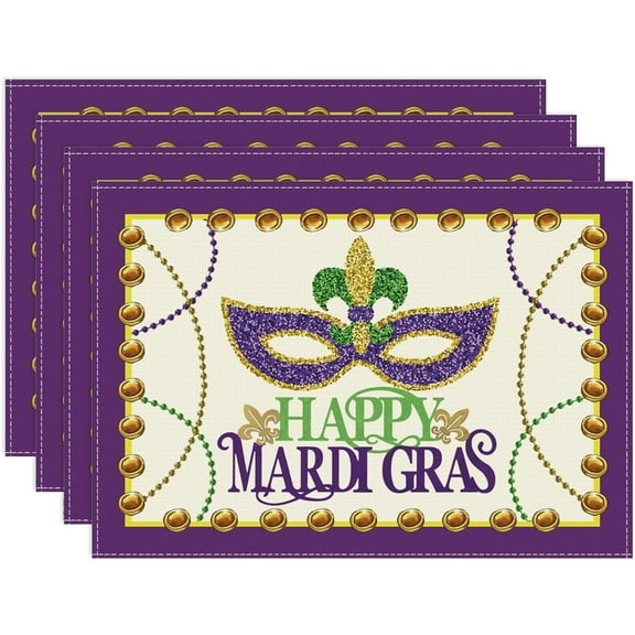 Happy Mardi Gras Fleur De Lis Iris Masquerade Mask Beads Round Placemats Set of 4 Table Mats for Party Home Kitchen Dining Table Decorations 14x14 Inch
