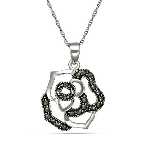 Argent Massif 18" avec Pendentif Fleurs en Marcassite