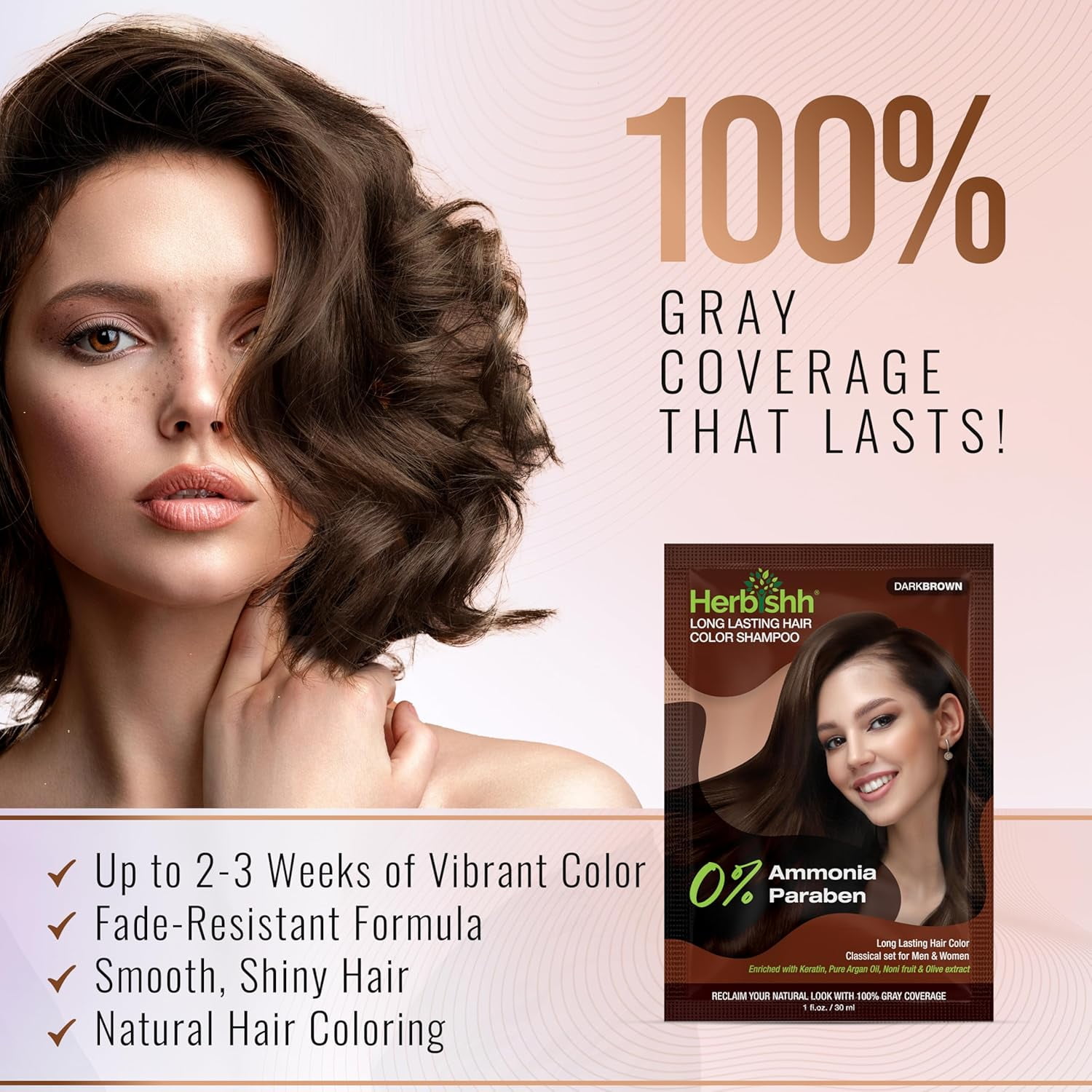 (2 pack) Herbishh Dark Brown Color Shampoo for Gray Hair, Hair Dye Shampoo 3 in 1, 100% Grey Coverage for Men & Women, Long-lasting & Travel-friendly, Ammonia-free, 30 ml (Pack of 20)