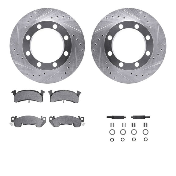 Dynamic Friction Company Front Brake Rotors-Drilled and Slotted-Silver with Heavy Duty Brake Pads includes Hardware 7212-48164