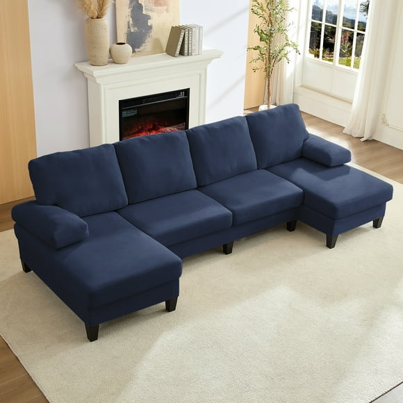 Puremind 110" U Shaped Sofa, Upholstered Sectional Couch with Double Chaises, Modern 4 Seat Sofas and Couches for Living room/Apartment, Blue