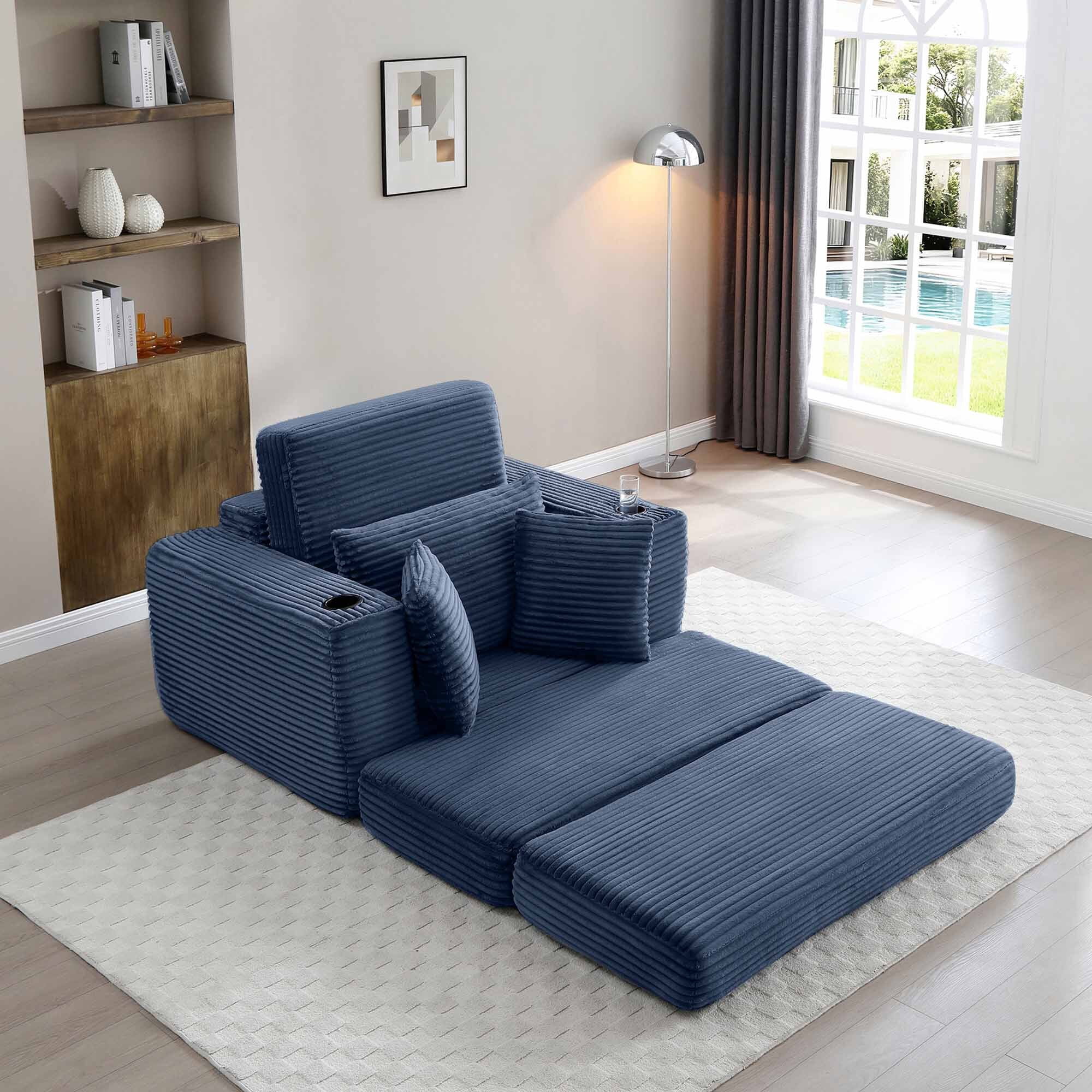 Lunale Boneless Chaise Lounge Chair with Ottoman, 52" Oversized 3-in-1 Convertible Sofa Chair for Living Room, Blue Corduroy