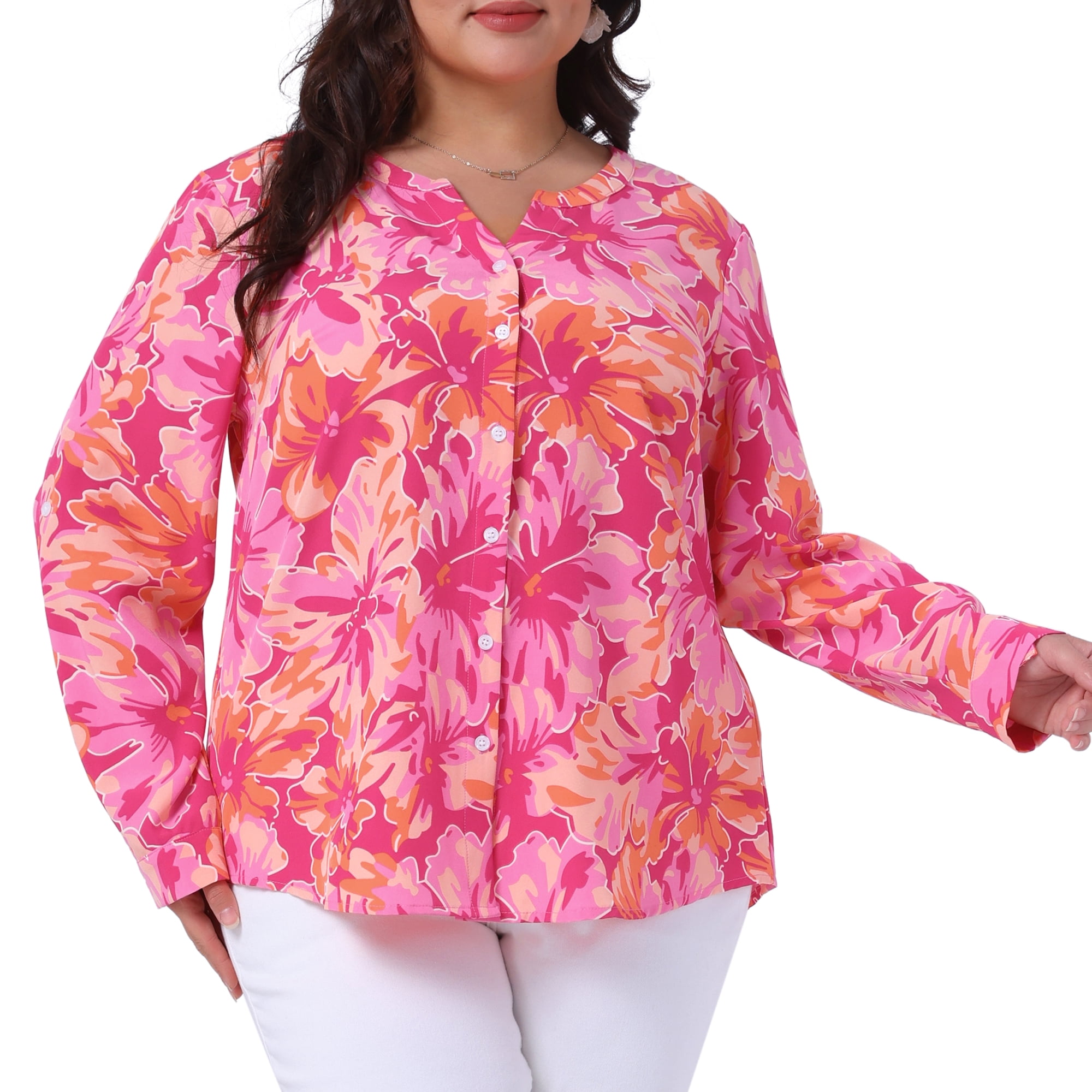 DARING DIVA Women's Plus Size Floral Long Sleeve Button Down Shirt 3X Hot Pink