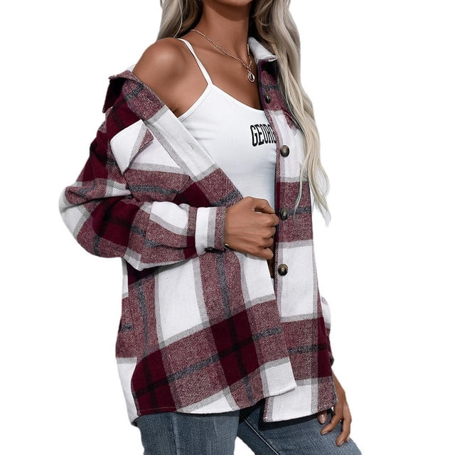 Camisa a cuadros para mujer, con botones, de mezcla de lana, chaqueta fina, blusa informal de manga larga con bolsillo$Camisa con capucha a cuadros para mujer, blusa a cuadros para mujer,