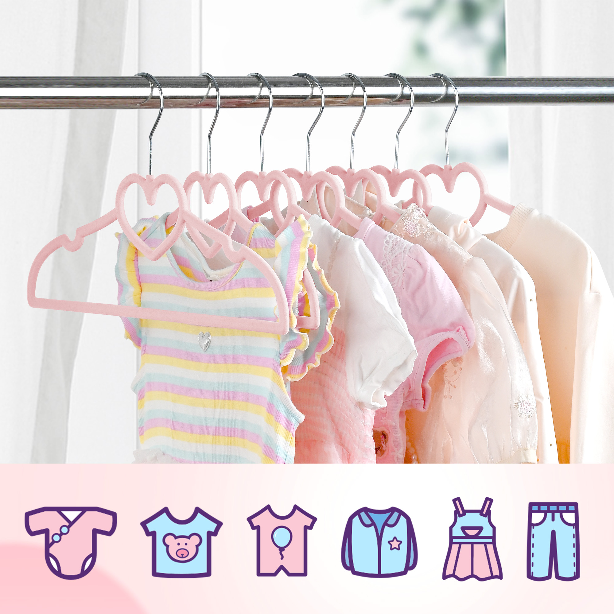 Ollieroo Kids Velvet Hangers, 50-Pack, Heart Shape, Pink photo 3
