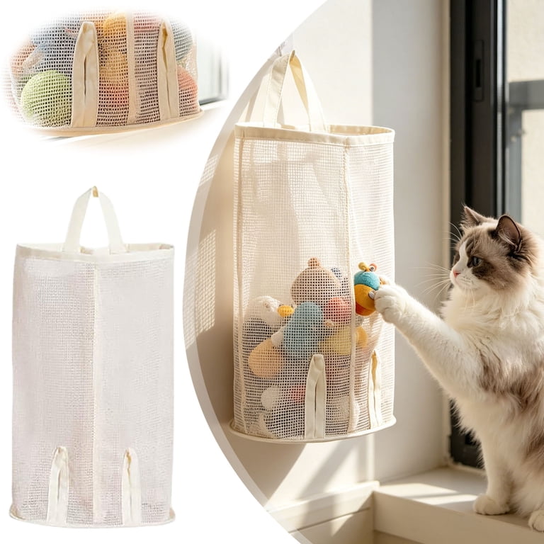 Pet Toy Storage Bag Wall Mounted, Space Saving Organizer with Bottom Opening for Cat Wand Toys and Dog Toys, Mesh Holder for Pet Accessories (Toys Not