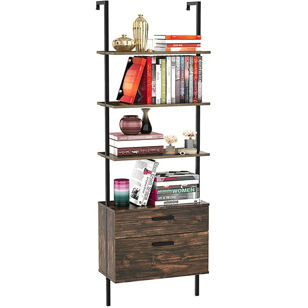 Sesslife Tall Bookcase Wall Mount, Black Metal Bookcase With Drawers