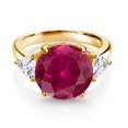 thumbnail image 2 of Gem Stone King 18K Yellow Gold Plated Silver Red Created Ruby 3-Stone Ring for Women (8.54 Cttw, Round 12MM, Trillion 5MM, Size 7), 2 of 3