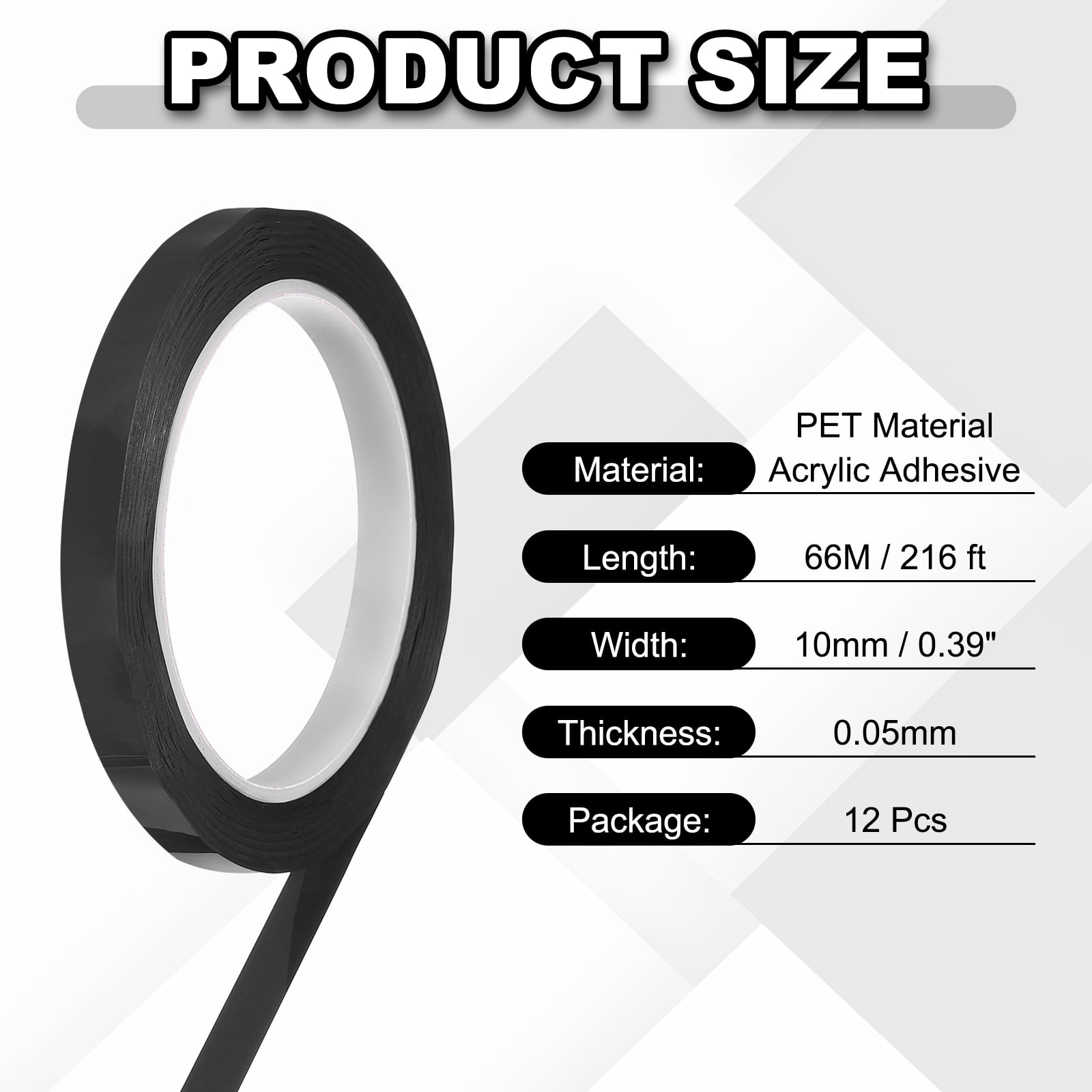 12 Rolls Tape, 0.4"x216ft Instruments Identification Tape Colored PET Adhesive for Steam Capacitors Circuit Boards Motors Electronic, Black