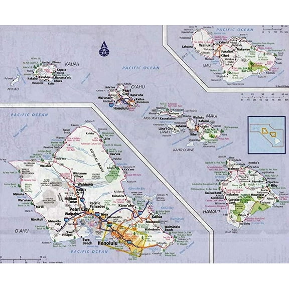 Iconic Arts Laminated 29x24 Poster: Large Detailed Road map of Hawaii Islands with All Cities and villagesMaps of