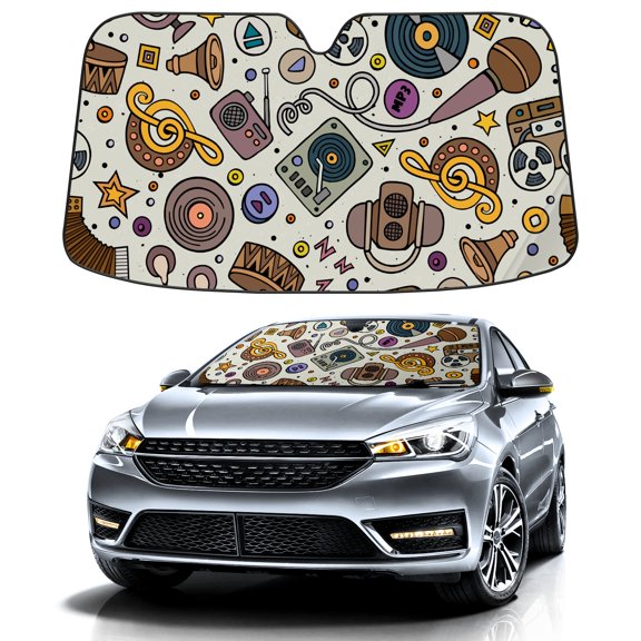 Car Windshield Sun Shade Funny for Car Front Window Music Theme Notes Foldable Car Sunshade Windshield | Vehicle Car Sun Visor UV Rays &Heat Blocker Covers Auto Window Protector