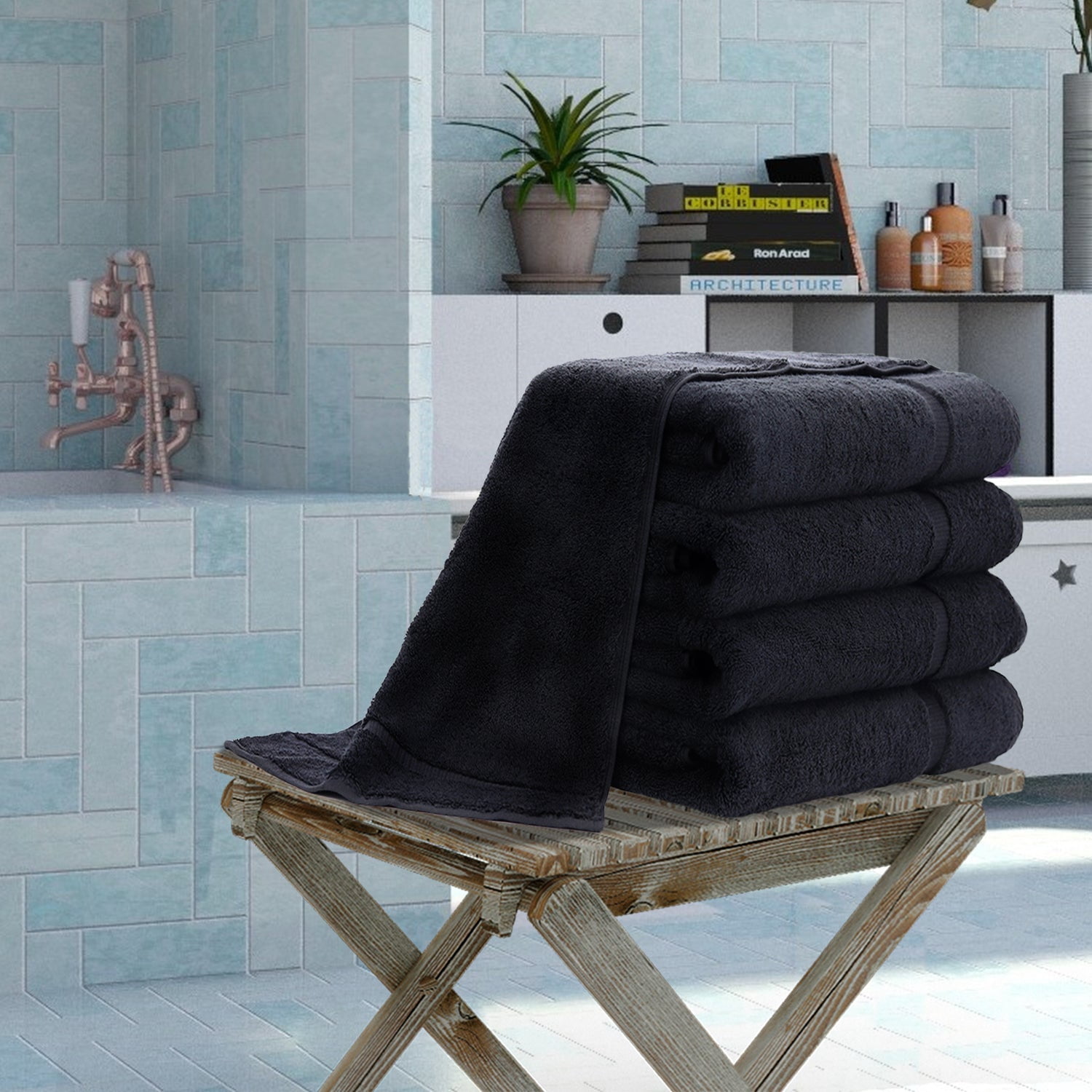 Luxury Hotel & Spa Quality Collection Highly Absorbent, Quick Dry 100% Turkish Cotton 700 GSM, Eco Friendly Towel, for Bathroom Dobby Border Soft Bath Towel Set 27 X 54 -Black, Bath Towels - Set of 4