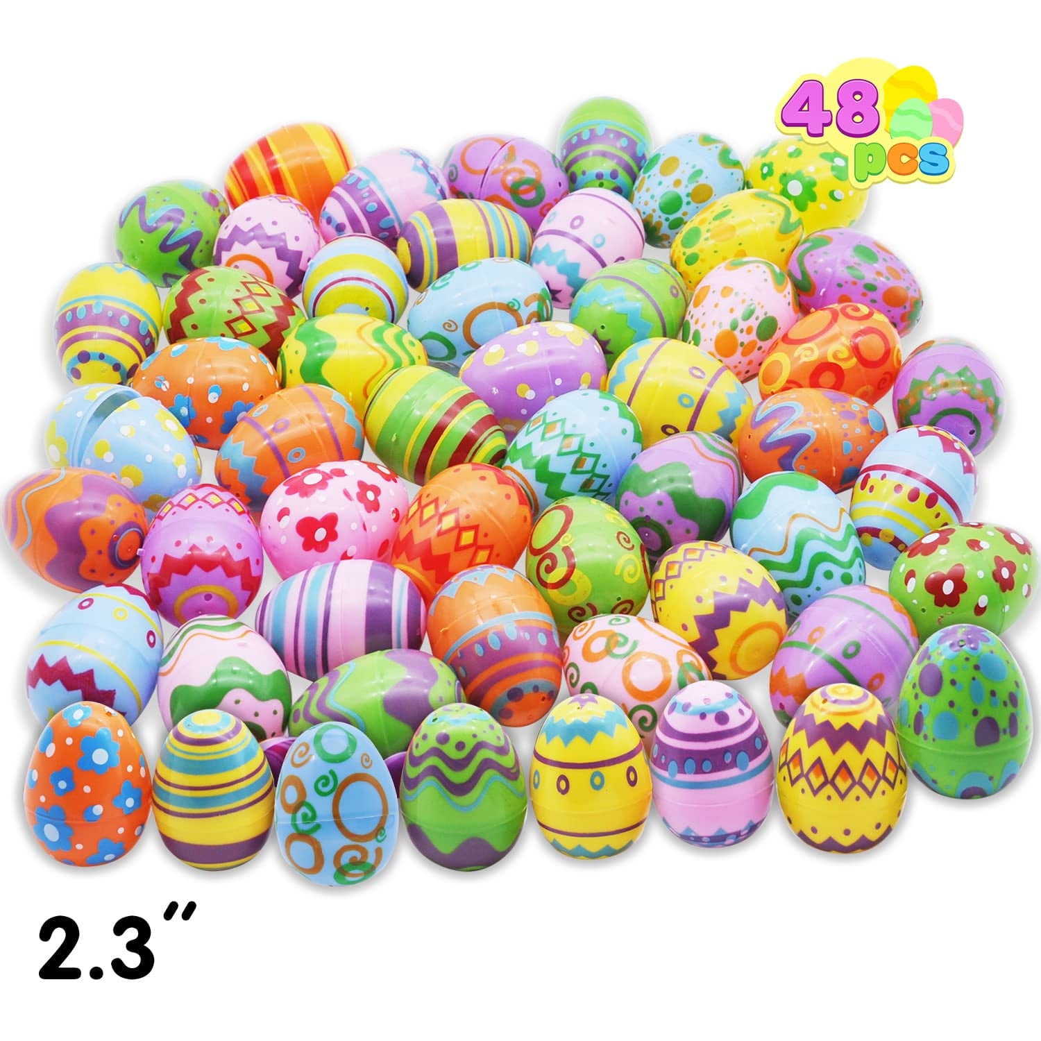 Joyfy 48 Pcs Bright Easter Eggs, 2.3" Tall Emply Plastic Printed Easter Eggs for Easter Egg Hunt, Basket Stuffers Fillers, Classroom Prize Supplies, Filling Treats and Party Favor