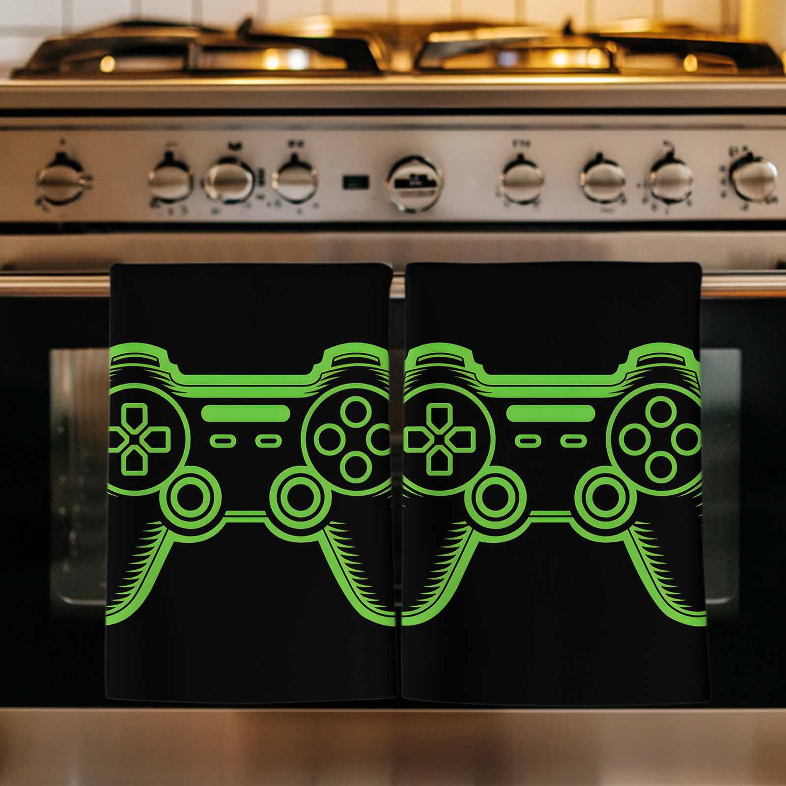 Green Game Controller Kitchen Towels Set of 4, Modern Art Gaming Handheld Black Soft Microfiber Dish Towels, Absorbent Quick-Dry Washable Dishcloths for Kitchen Cleaning, Drying Dishes, 18x28 Inches