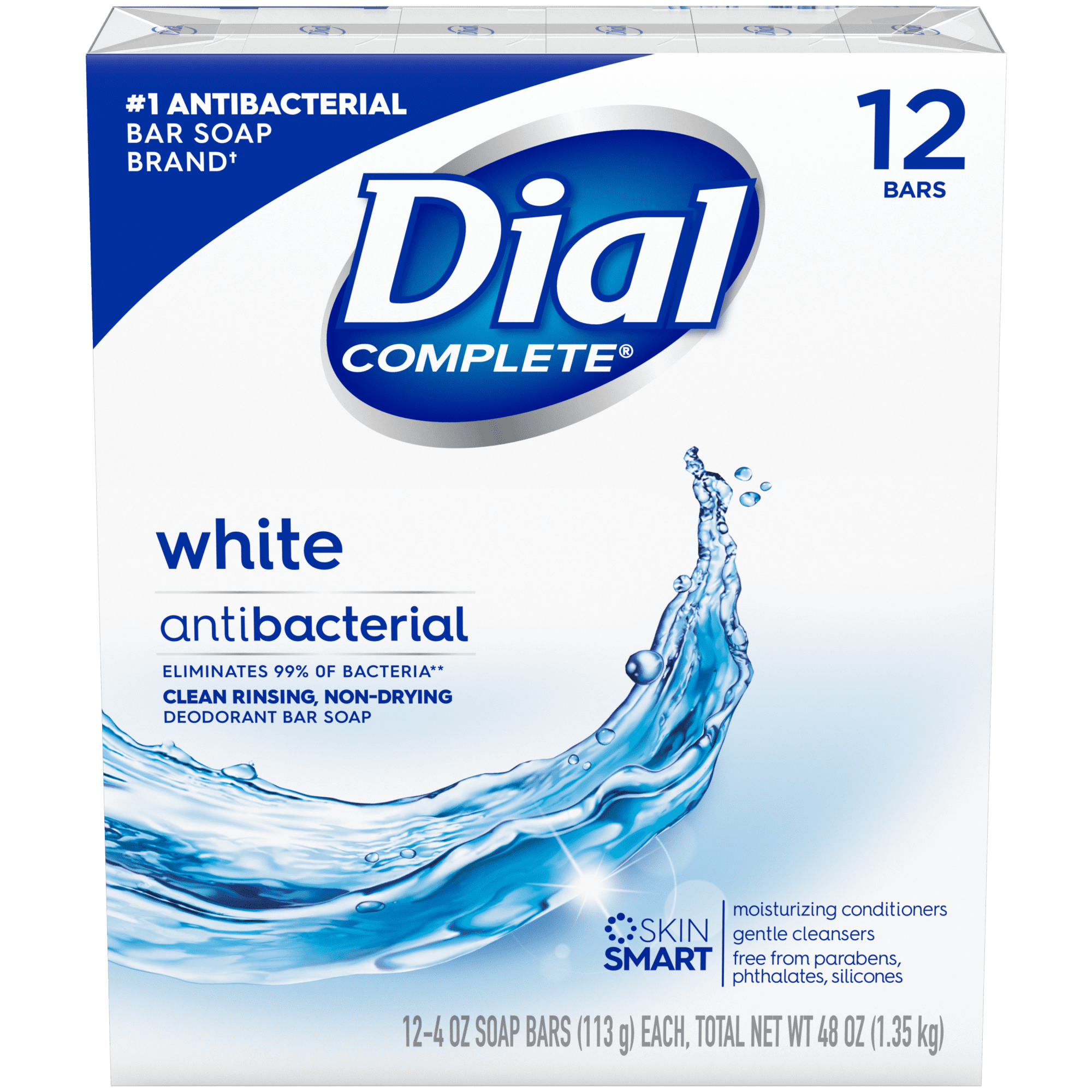 Dial Complete Antibacterial Deodorant Bar Soap, White, 4 oz, 12 Bars