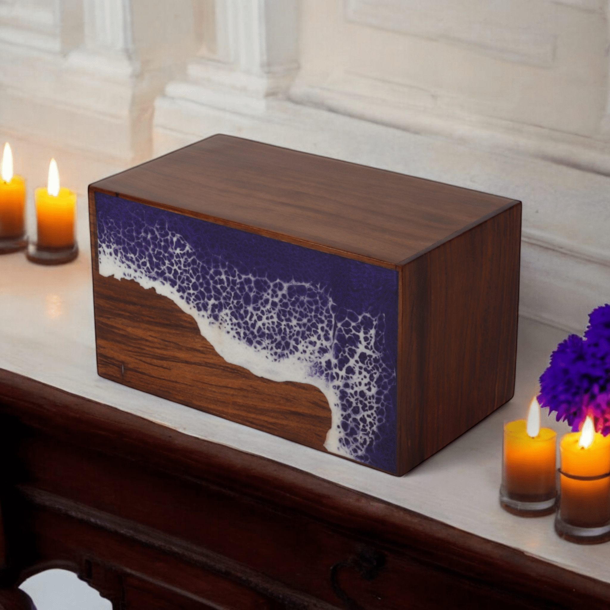 Wooden Cremation Urn for Human and Pet Ashes, Memorial Urn, Burial Urn, Keepsake Urn, Adult Urn with Epoxy Design (Extra Large)