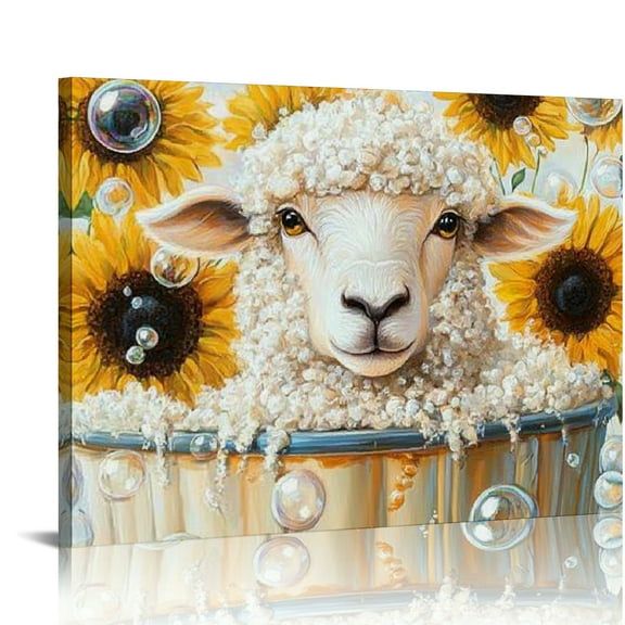 Patifu Sheep Bathroom Decor Sheep Wall Art Sunflower Sheep in Bathtub Wall Art Rustic Prints Pictures Bathroom Canvas Painting Modern Decorations Artwork for Bathroom Toilet  20x16in