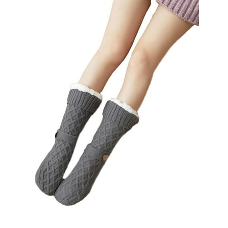 

Women Floor Socks Solid Color Knitted Fuzzy Fleece Liner Floor Socks with Anti-Slip Sole for Home