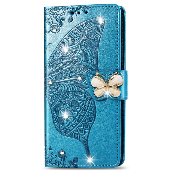 For Samsung Galaxy S25 Wallet Phone Case,Flip Folding Kickstand,With Wrist Strap,Card Slots,Luxury Diamond Butterfly&Flower Embossing PU Leather Shockproof Anti-fall Phone Case,Blue