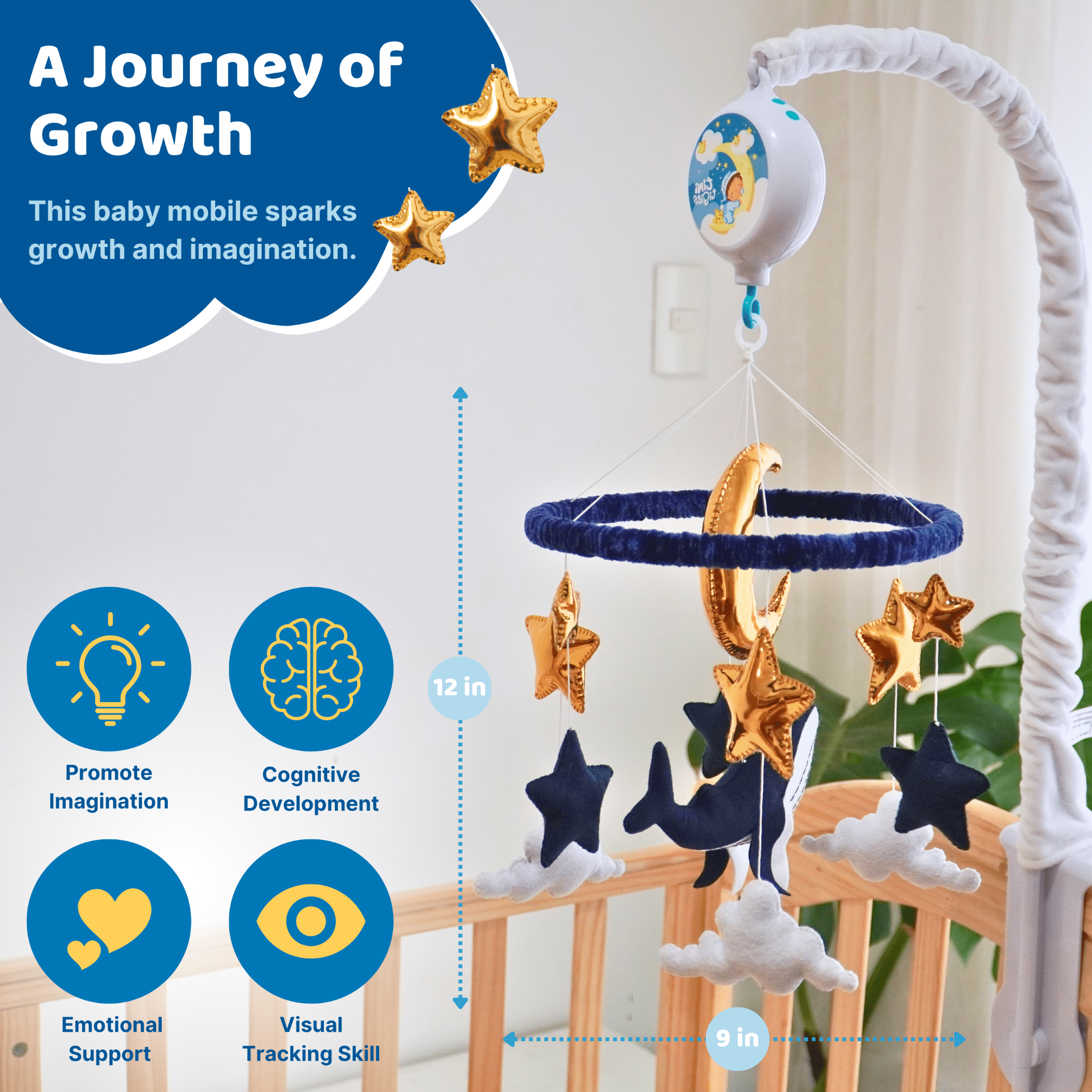 TINITIGIES Crib Mobile - Handmade Felt Ocean Whale Theme, 12 Piano Lullabies, 360° Movement