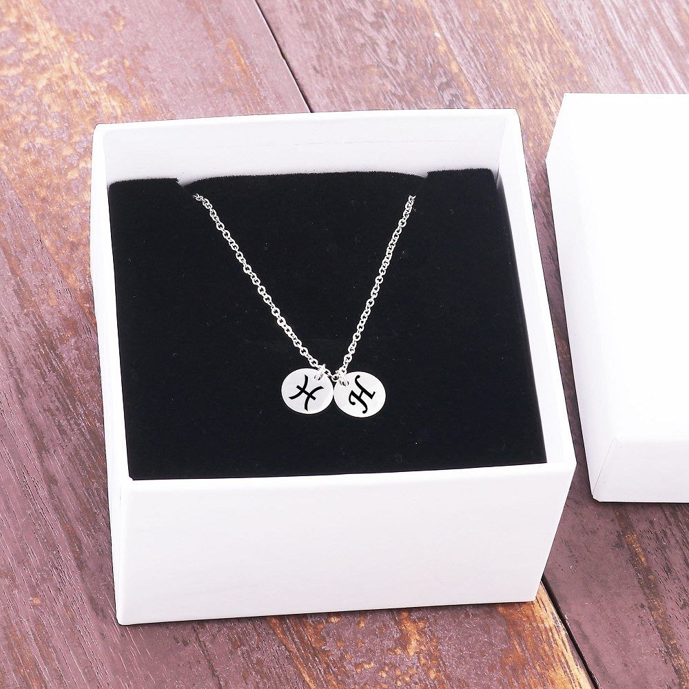 Personalized Round Constellation Initial Necklace - Engraved Zodiac Symbol Jewelry - Christmas Gift for Her - Stainless Steel - 18" Chain - Silver Pisces