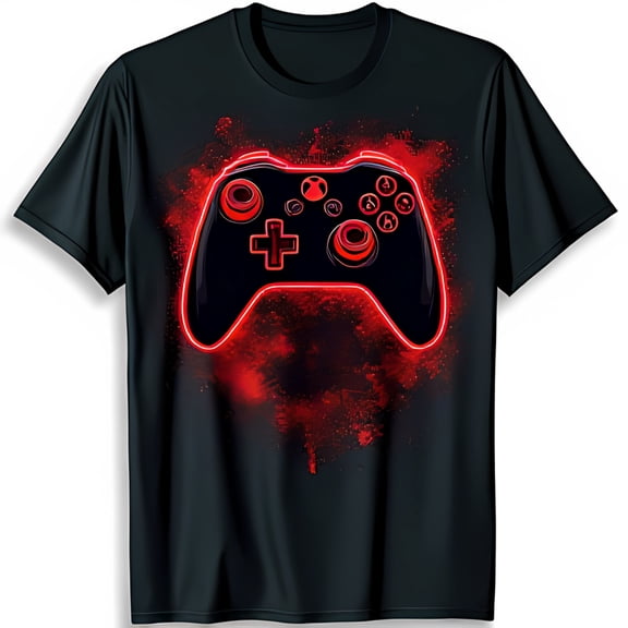 Black T-Shirt with Red Controller Design & Glow for Gamers