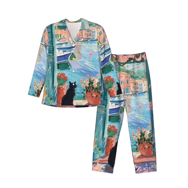 Fotbe Coastal Cat By The Window Pijama de Hombre con Estampado de Manga Larga, Conjunto de 2 Piezas, Ropa de Dormir Suave y Cómoda con Bolsillos-Large