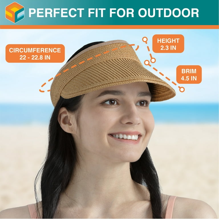 SUN CUBE Women Straw Visor Hat, Wide Brim Sun Visor for Beach Pool Travel,  Foldable Roll Up Ponytail Summer Raffia Hat, Ladies UV UPF 50+ Protection