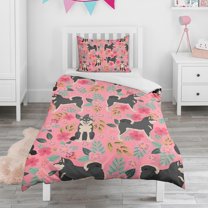 Shiba Inu Dog and Flower Floral Duvet Cover and Pillowcase Set for Single Bedding, Bedroom Accessories for Kids Teens