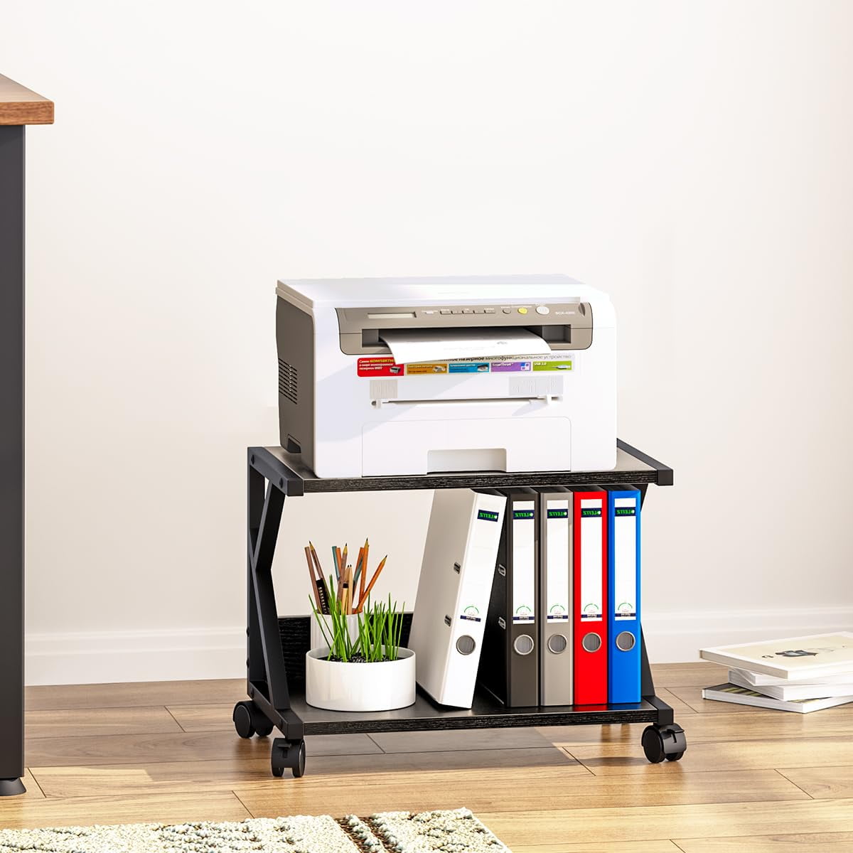 Desktop Printer Stand with 2 Tier Wood Storage Shelves,Under Desk Printer Table,Multi-Purpose Home Office Desk Organizer for Fax Machine, Scanner (Black)