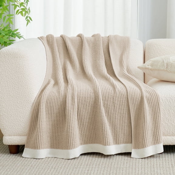 Chenille Waffle Knit Reversible Throw Blanket for Couch, Cozy Blanket for Women, Girls, 50" X 60",Beige