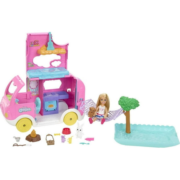Barbie Chelsea 2-in-1 Camper Playset with Chelsea™ Small Doll, 2 Pets & 15 Accessories, Ages 3+