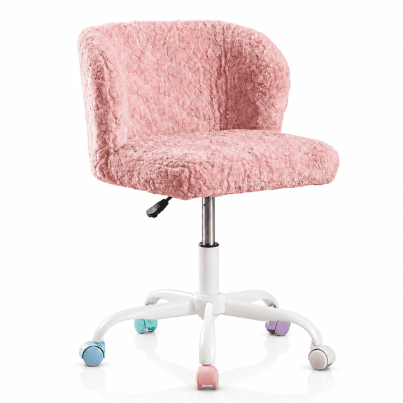 PAPROOS Adjustable Vanity Chair with Colorful Wheels, Swivel Faux Fur Makeup Chair, Cute Modern Adult-Size Wide Seat Home Office Chair for Bedroom, Apartments, 300lbs Capacity, Ivory