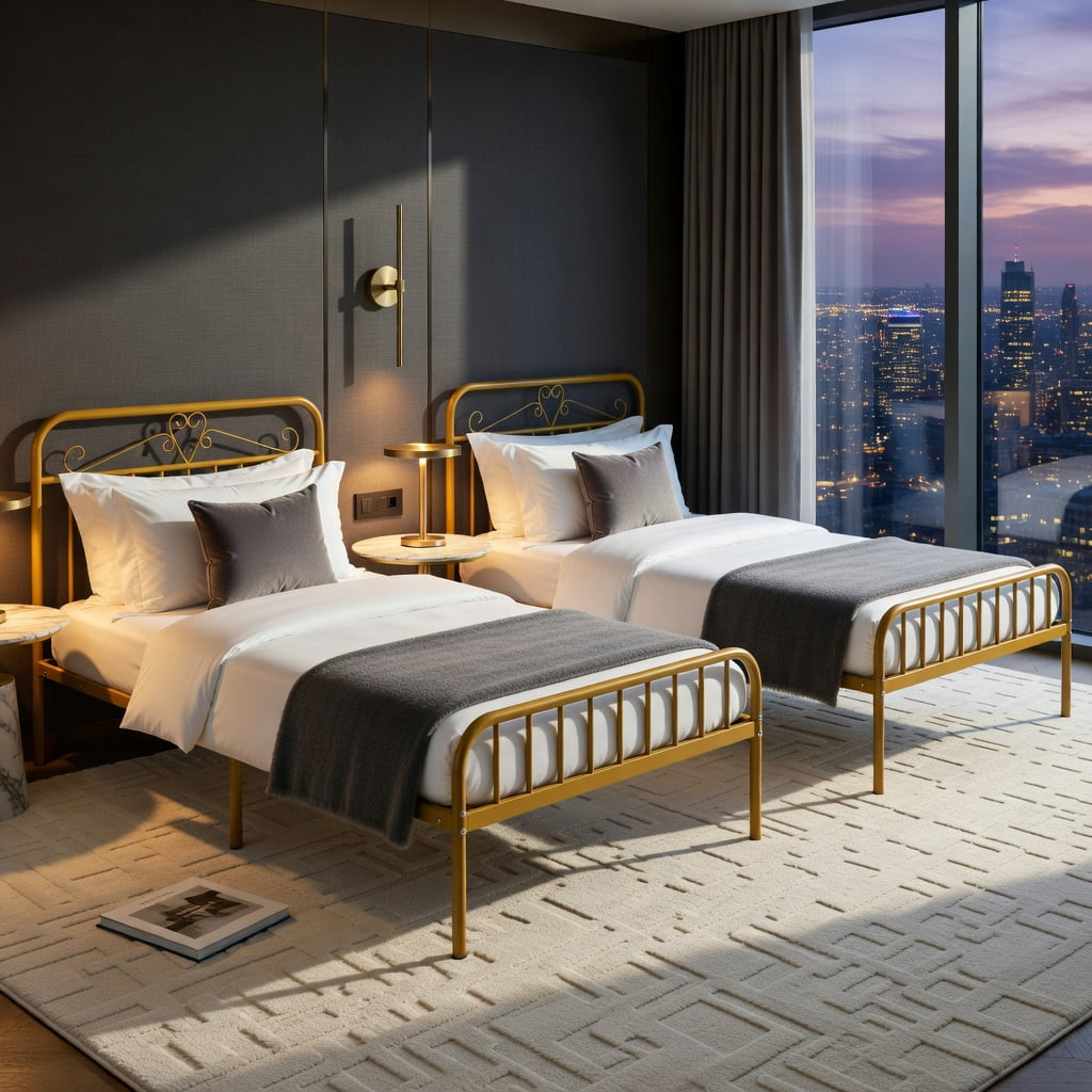 Yardi Yarda Twin Size Bed Frame with Headboard and Safety Side Guardrails, Simple Bed Frame for Indoor, Gold
