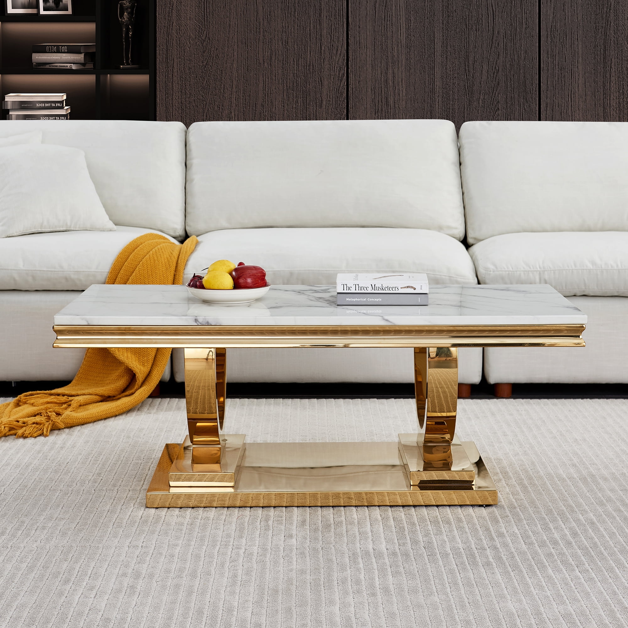 Modern Faux Marble Coffee Table Set of 3, Coffee Table and 2 End Tables, Gold Stainless Steel O-Base, for Living Room, Hallway, Bedroom