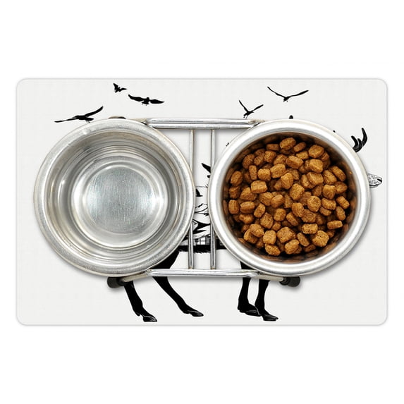 Animal Pet Mat for Food and Water, Mountain and Cottage Scene in Hand Drawn Birds Countryside Wildlife Themed Print, Non-Slip Rubber Mat for Dogs and Cats, 18" X 12", by Ambesonne