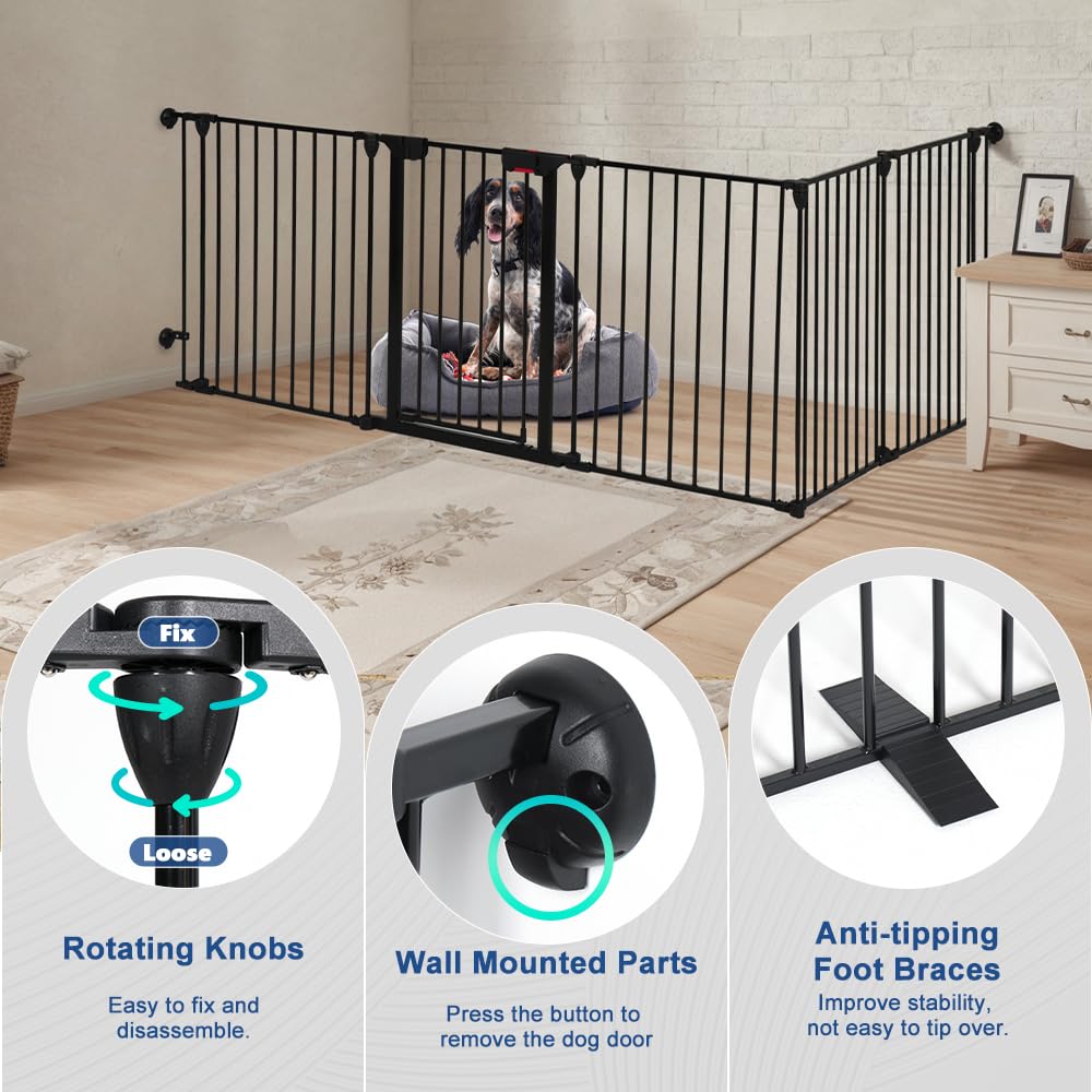 LUCKUP Freestanding Dog Gates with Door Walk Through, Extra Wide Doggy Door 125" W x 29" H Pet Gate Safty 5 Panels Dog Fence for Stairs, Doorways