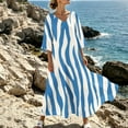 thumbnail image 2 of Rutainlusire Women's Summer Dresses Women's V-Neck Striped Print 3/4 Sleeve Maxi Dress Bohemian Flowy Casual Light Blue XXXL, 2 of 6