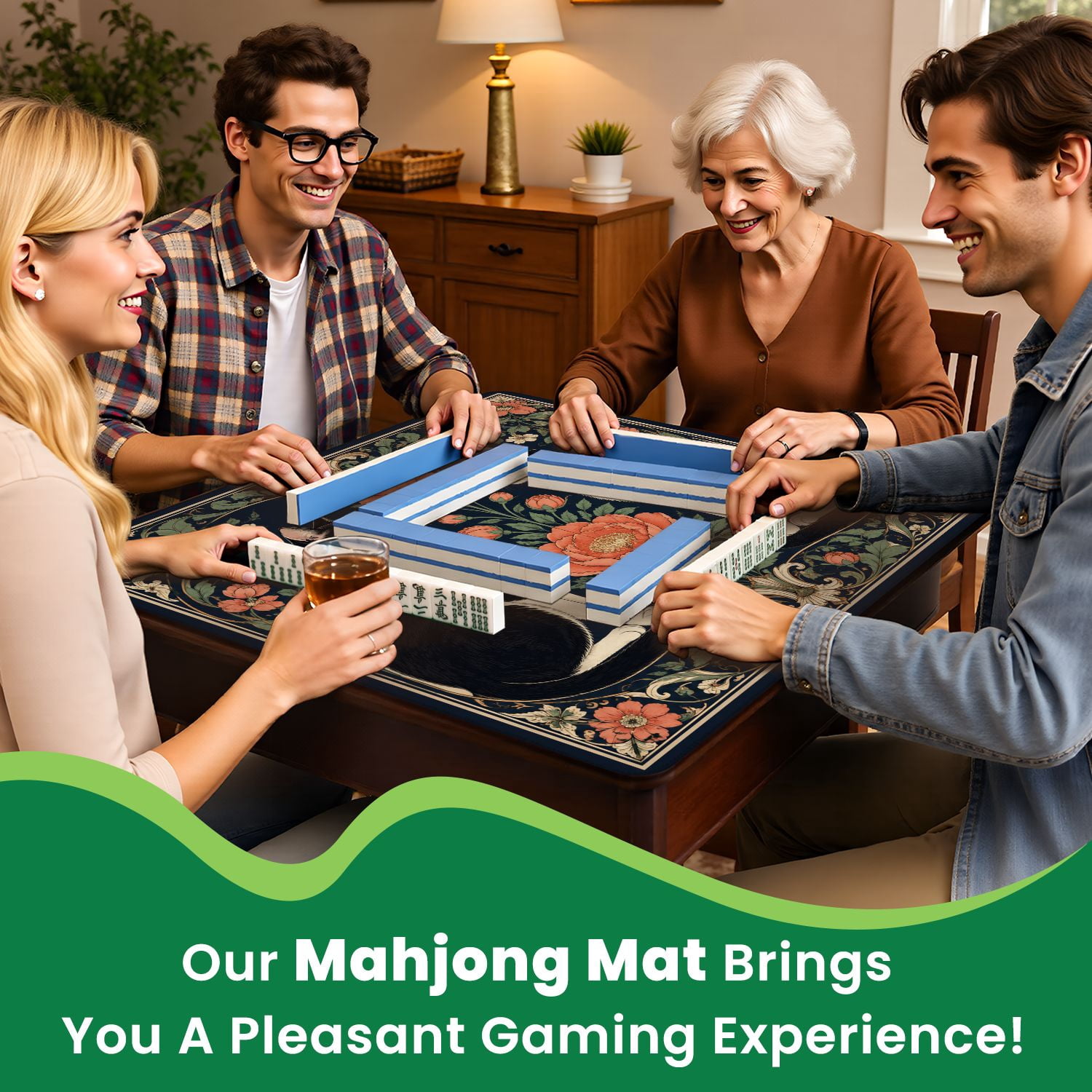 Mahjong Mat 31.5" x 31.5" Whimsical Cat Floral Art Nouveau Style Non-Slip Noise Reduction Mahjong Tiles Table Cover for Dominoes Poker Card Board and Tile Games