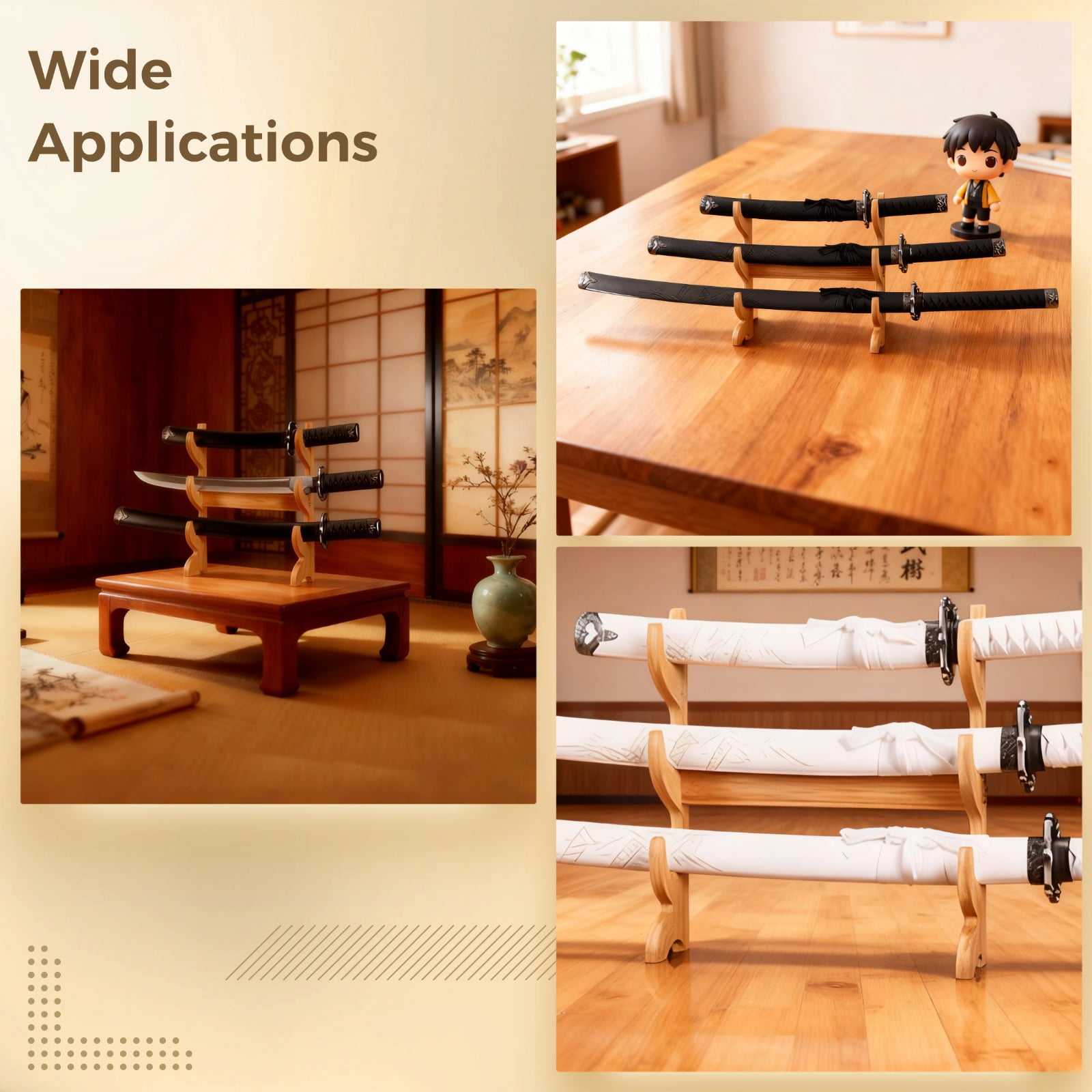 2 Pack Natural Wood Katana Sword Holder – 3-Tier Display Rack, Wall-Mountable or Freestanding, Protective U-Shaped Grooves for Collection Display